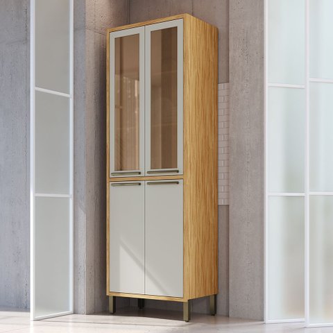 Paneleiro Duplo com 4 Portas e Vidro Reflecta 100% MDF Vicenza Espresso Móveis Bege/Amêndoa/Off Whit