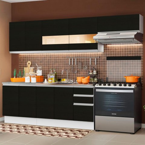 Armário de Cozinha Completa 280cm Branco/Preto Marcela Madesa 03
