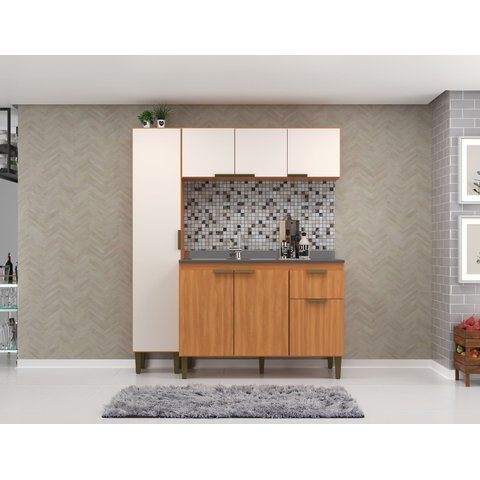 Cozinha Iara Modulada 3 Peças 7 Portas 1 Gaveta Marrom/Freijó/Off White