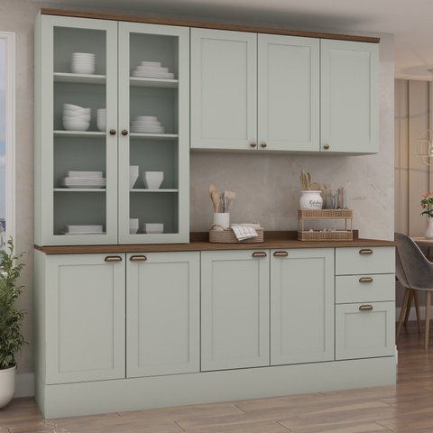 Cozinha Modulada Compacta 4 Peças com Armário Aéreo 2 Portas Vidro 100% Mdf com Tampo