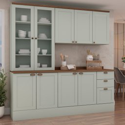 Cozinha Modulada Compacta 4 Peças com Armário Aéreo 2 Portas Vidro 100% Mdf com Tampo - 1