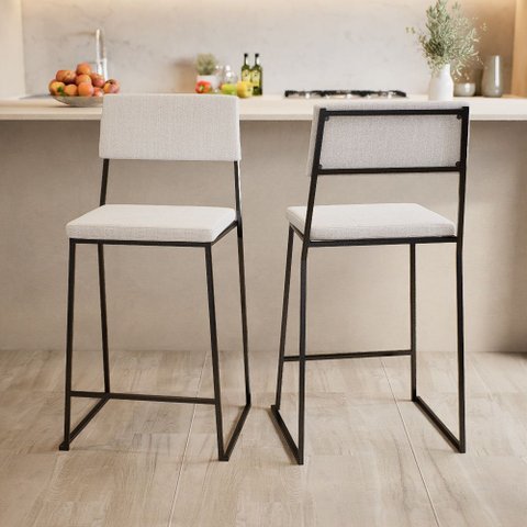 Kit 3 Banquetas Alta Balcão Estofada com Encosto Preto Linho Dubai