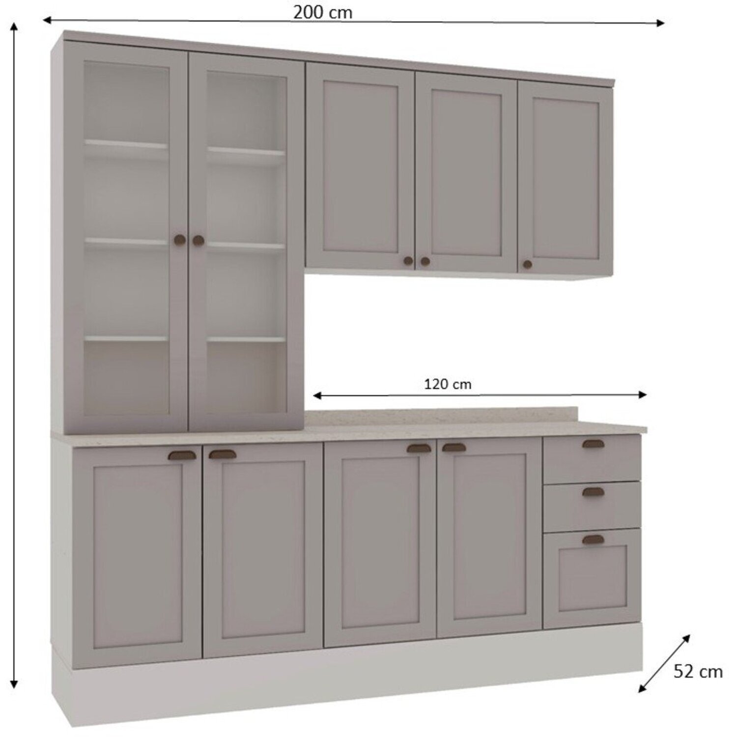 Cozinha Modulada Compacta 4 Peças com Armário Aéreo 2 Portas Vidro 100% Mdf com Tampo Impermeável - 4