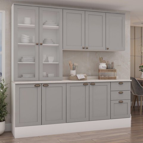 Cozinha Modulada Compacta 4 Peças com Armário Aéreo 2 Portas Vidro 100% Mdf com Tampo 