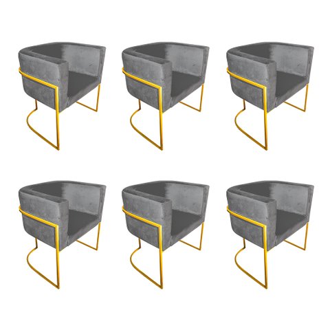 Kit 6 Cadeiras de Jantar Premium Base de Ferro Dourada Veludo Cinza