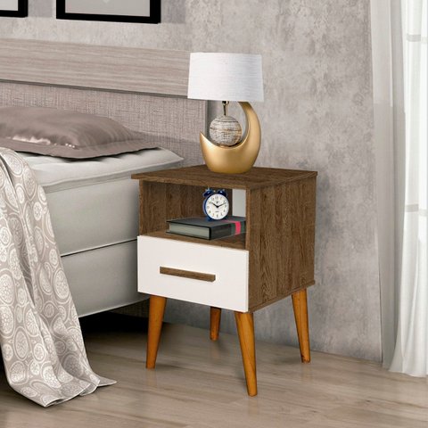 Mesa de Cabeceira Per 1 Gaveta Estilo Retrô com Pés em Madeira Cor Canela/off White Rm