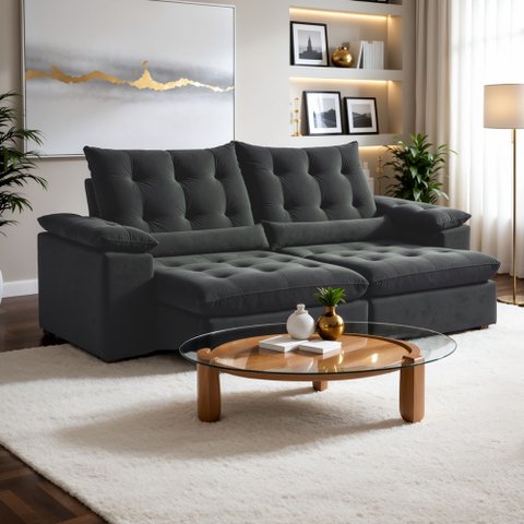 Sofá Retrátil e Reclinável 3 Lugares Veludo Dubai 200cm Cinza