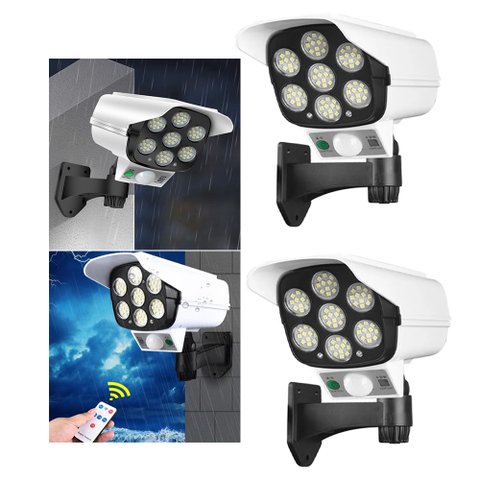 Luminaria Solar Camera Falsa Sensor Movimento Controle Detecta Presença Kit 2 Uni 77 Leds 3 Funç