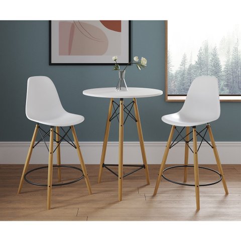 Conjunto Bistrô Eames Eiffel Mesa Branca com 2 Banquetas Pretas de Madeira