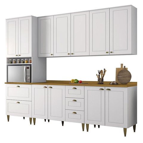Cozinha Completa 5 Peças Americana Branco com Torre Quente, Tampo Nature e Pés - Móveis Henn