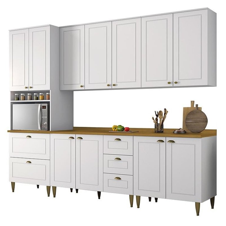 Cozinha Completa 5 Peças Americana Branco com Torre Quente, Tampo Nature e Pés - Móveis Henn