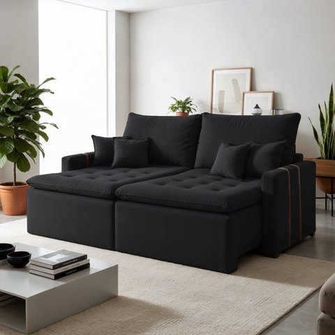 Sofá Retrátil 2 Lugares Veludo Chicago 180cm Preto