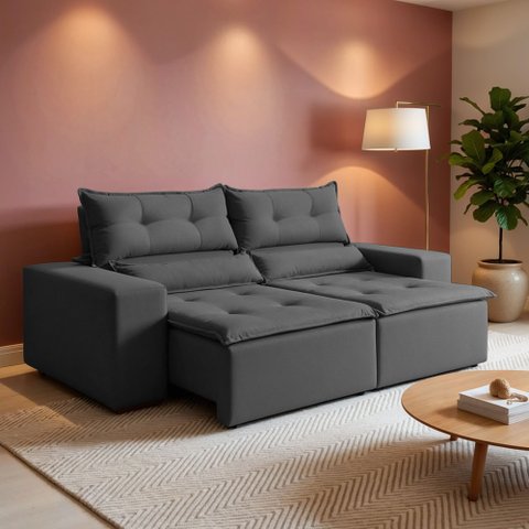 Sofá Retrátil e Reclinável 3 Lugares Veludo Firenze 196cm Cinza