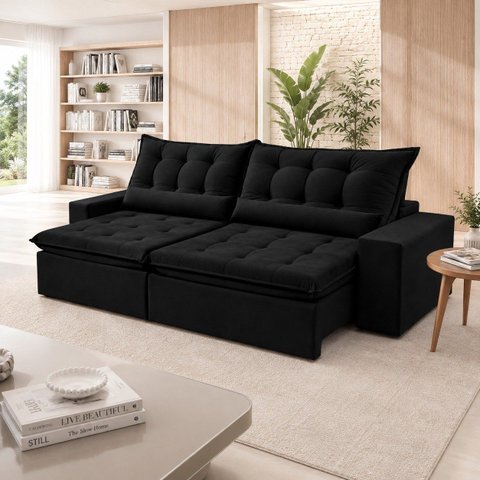 Sofá Montebello Retrátil e Reclinável 290cm - Preto