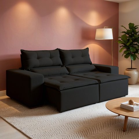 Sofá Retrátil e Reclinável 3 Lugares Veludo Firenze 196cm Preto