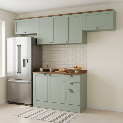 Cozinha Compacta Modulada 4 Peças 100% MDF 3 Armários Aéreos e Balcão com Tampo Iluminata Verde Mint