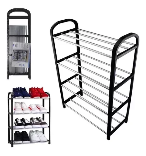 Sapateira Porta Sapato com 4 Prateleiras Desmontável Preta de Plástico e Metal - 3 Sapateira Porta Sapato com 4 Prateleiras Desmontável Preta de Plástico e Metal - 3