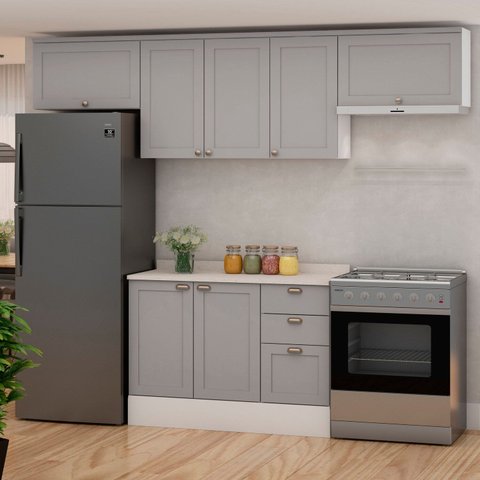 Cozinha Modulada 4 Peças 1 Balcão com Tampo 2 Aéreos 100% MDF Cinza/Branco/Fendi