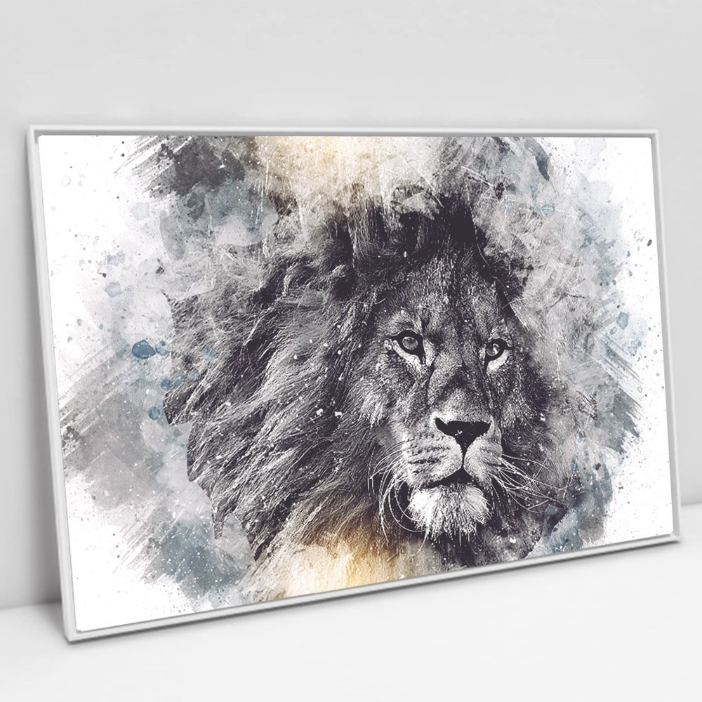 Quadro Decorativo em Canvas Leão Artístico - Moldura Branca - 120 x 80cm - 1