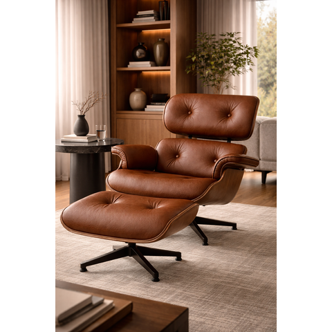 Poltrona Charles Eames com Puff - Couro Marrom Telha 215 - Freijó