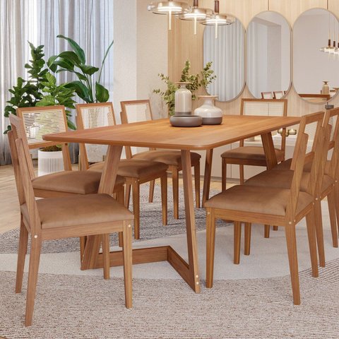 Conjunto Sala de Jantar Caju 210cm sem Vidro com 8 Cadeiras Palmas Marrom/Cinamomo/Kaki