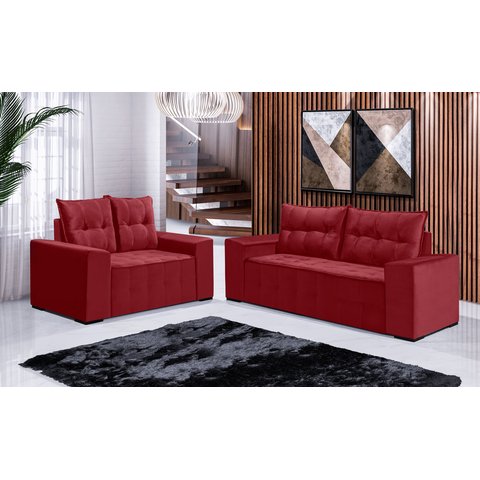 Conjunto Sofá de Veludo 3 e 2 Lugares Estilo Estofados Las Vegas 2,00x1,50m "vermelho"