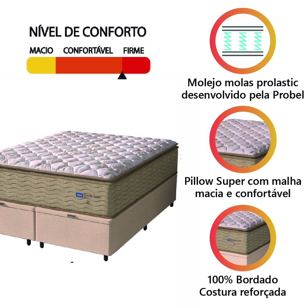 Cama Box Baú Colchão Casal Queen Probel Molas Guarda Costas Max Pillow Top 158x198x81cm Bege/ - 6