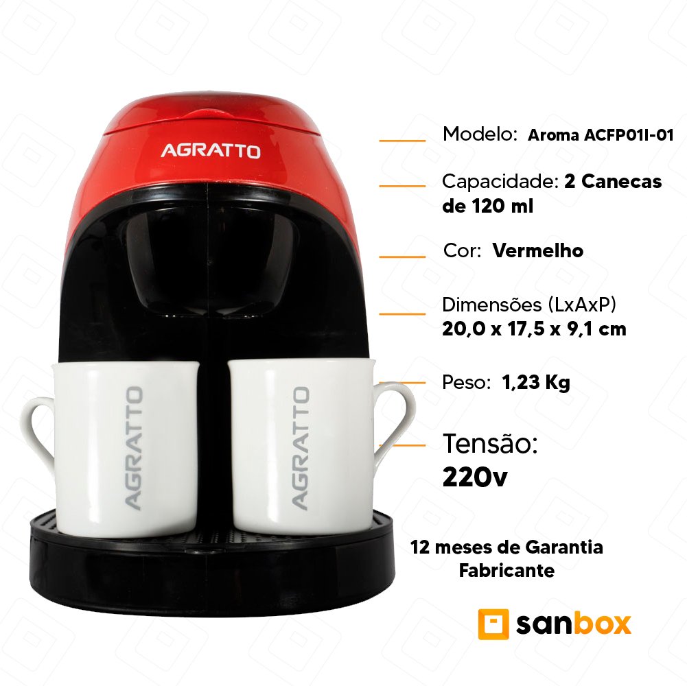 Cafeteira Agratto Aroma Acfp01i-02 Vermelha 2 Xícaras 450w - 220v - 8