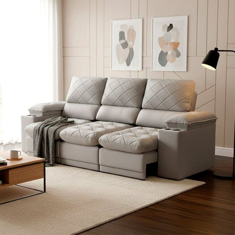 Sofá Veneza 2,40m Retrátil Reclinável Cinza USB e Porta Copos - King House