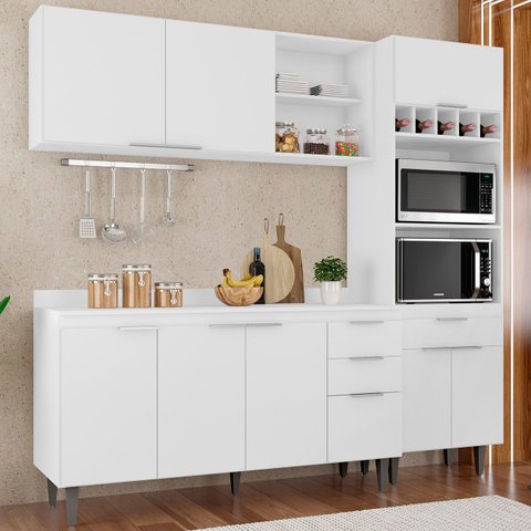 Armário de Cozinha com Tampo Cp02 210cm Pérola Branco Z34 - Mpozenato