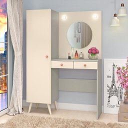 Penteadeira Camarim Armário Duda 105 Cm Espelho Redondo Luz Led 2 Gv MDP Champagne Cinza - Fellicci - 1