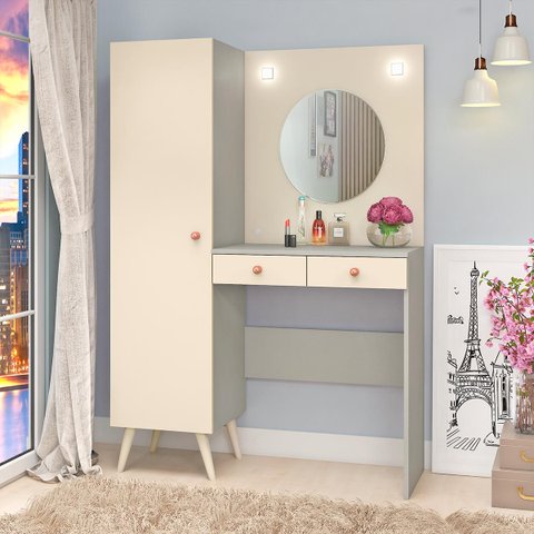 Penteadeira Camarim Armário Duda 105 Cm Espelho Redondo Luz Led 2 Gv MDP Champagne Cinza - Fellicci