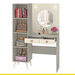 Penteadeira Camarim Armário Duda 105 Cm Espelho Redondo Luz Led 2 Gv MDP Champagne Cinza - Fellicci - 2