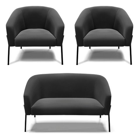 Sofá Namoradeira e 2 Poltronas Pé de Ferro Preto Stella Suede Preto D03 - D'Rossi