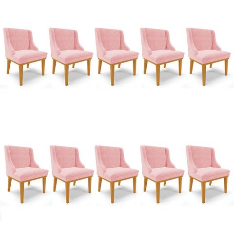 Kit 10 Cadeiras Estofadas para Sala de Jantar Base Fixa de Madeira Castanho Lia Suede Rosa bebê - Ib