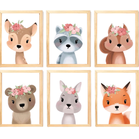 Quadro Infantil Safari Flor 6 un A4 Vidro e Pendurador