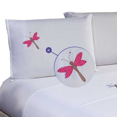 Jogo de Lençol Cama Casal Padrão Libélula Bordado 4 Peças Poliéster Branco