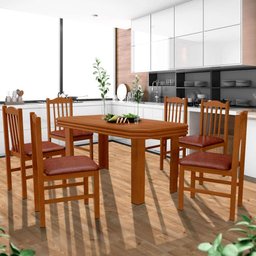 Mesa Sala De Jantar Com 6 Cadeiras Estofadas Madeira Maciça Nogueira Dóris Shop JM - 1