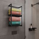 Ver imagem 1 de Toalheiro Banheiro Industrial Ita Prateleira Imbuia para Organização Toalhas e Decor - Preto/imbuia