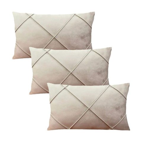 Kit 3 Capas para Almofada em Veludo Drapeada Retangular 60x40 Cor:bege
