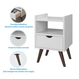 Mesa de Cabeceira Alice 1 Gaveta Nicho e Pés Retrô Branco - 4