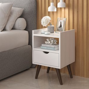 Mesa de Cabeceira Alice 1 Gaveta Nicho e Pés Retrô Branco