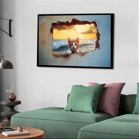 Quadro Decorativo Gato Muro Praia - 50x70cm:moldura Preta