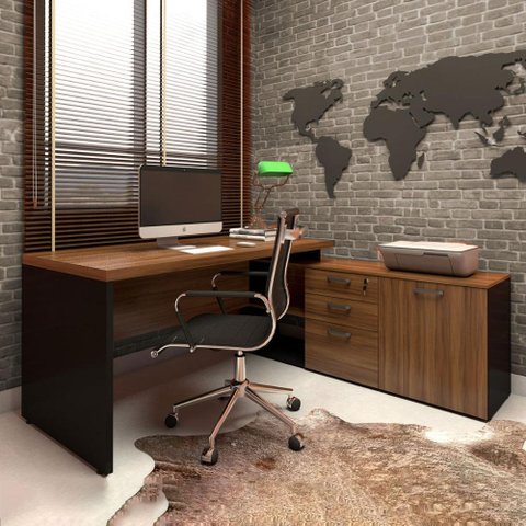 Mesa de Escritório em L 170cm com Balcão e 3 Gavetas