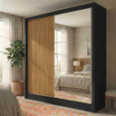 Ver imagem 1 de Guarda-Roupa Solteiro com Espelho 2 Portas de Correr e 2 Gavetas Peônia Yescasa Amêndola/Preto Prime TX