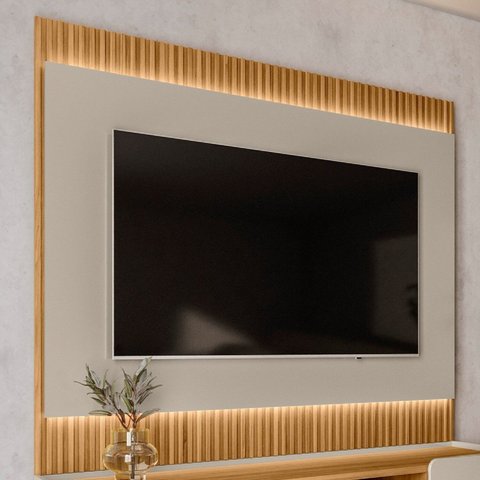 Painel Ripado Suspenso para TV até 70 Polegadas com LED MDF 180cmx148cm São Paulo Branco Tauari/Off White Fosco