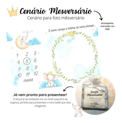 Lençol Mêsversário Cenário para Fotos Bebê Elefante Menino Minha Estrelinha Lençol Mêsversário Cenár - 5