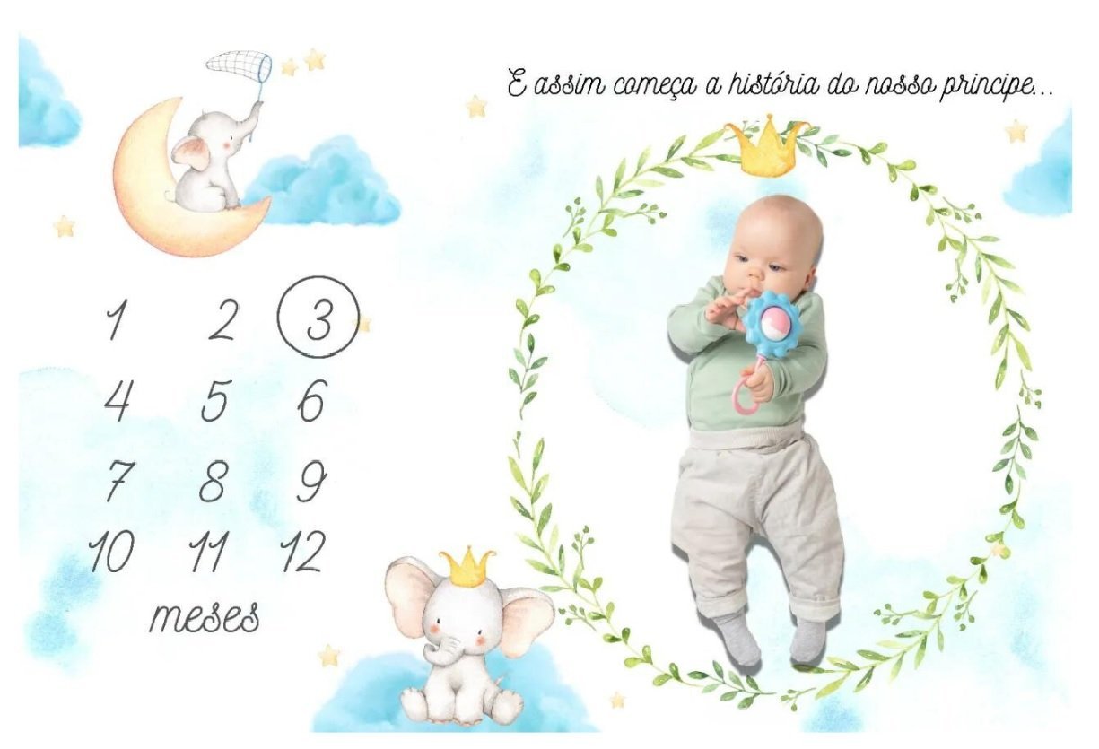 Lençol Mêsversário Cenário para Fotos Bebê Elefante Menino Minha Estrelinha Lençol Mêsversário Cenár - 2