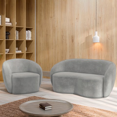 Conjunto 1 Sofá Living 180cm e 1 Poltrona Decorativa Sala de Estar Íbis Encosto Fixo Veludo Cinza G3