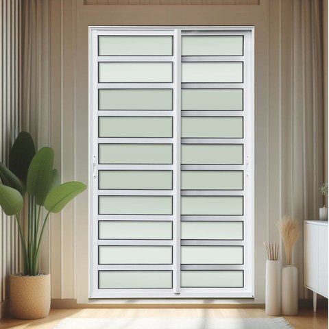 Porta de Correr com Travessas 2 Folhas Moveis 210 x 120 Elite com Fecho Automático Vidro Liso Branco Brimak